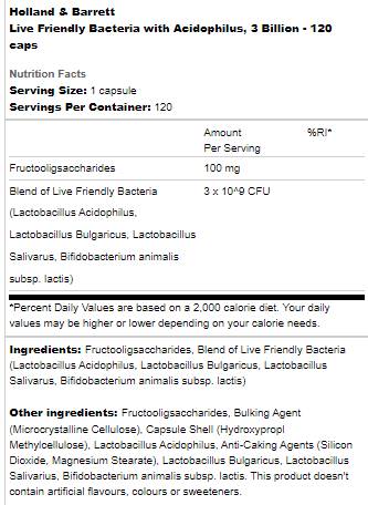 Live Friendly Bacteria | With Acidophilus 3 Billion - 120 капсули - Feel You