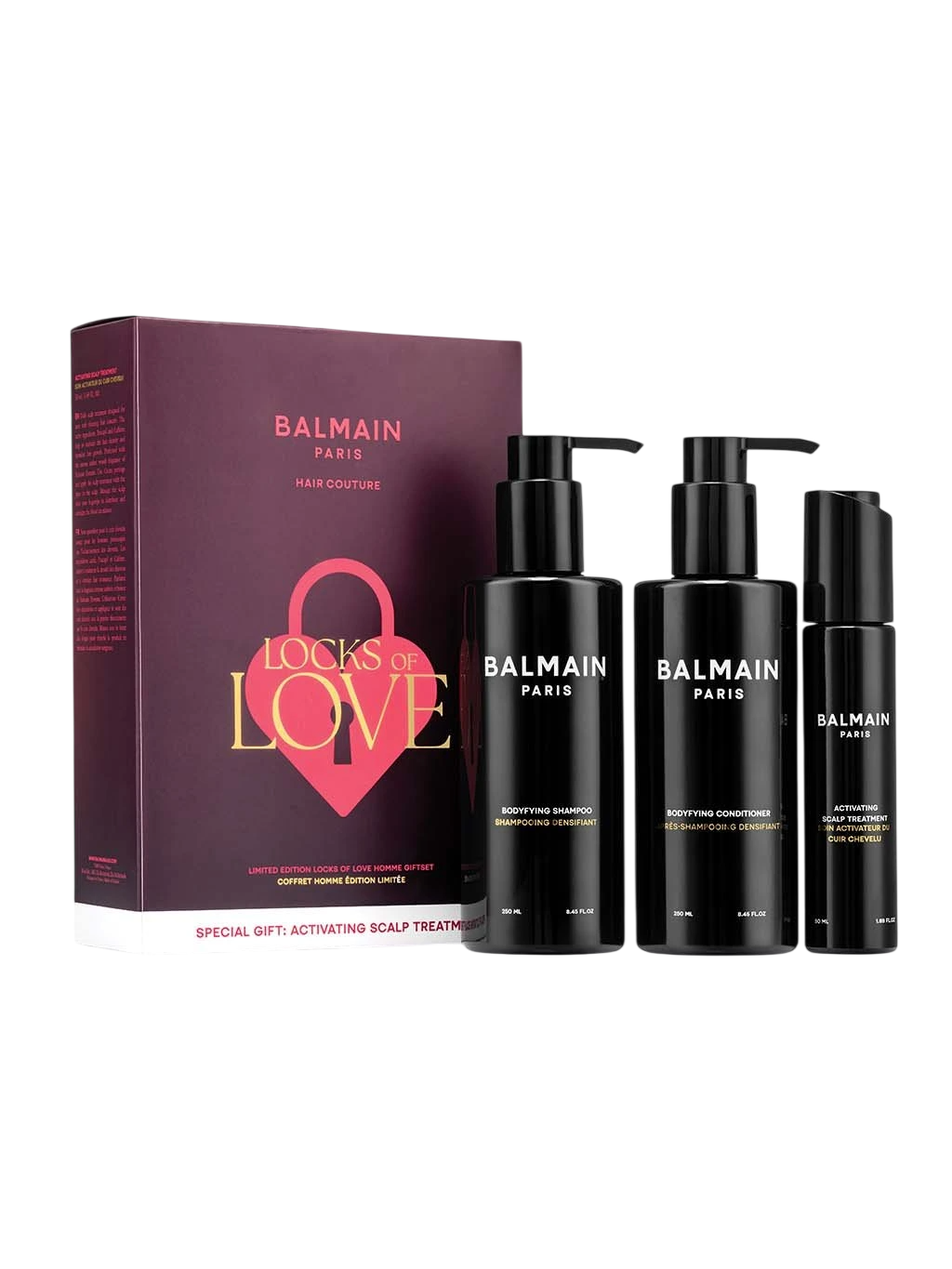 Locks of Love Set Balmain Professionnel: Homme, Hair Shampoo, Bodyfying, 250 ml + Homme, Hair Conditioner, Bodyfying, 250 ml + Homme, Scalp Serum, For Growth Stimulation, 50 ml - Feel You