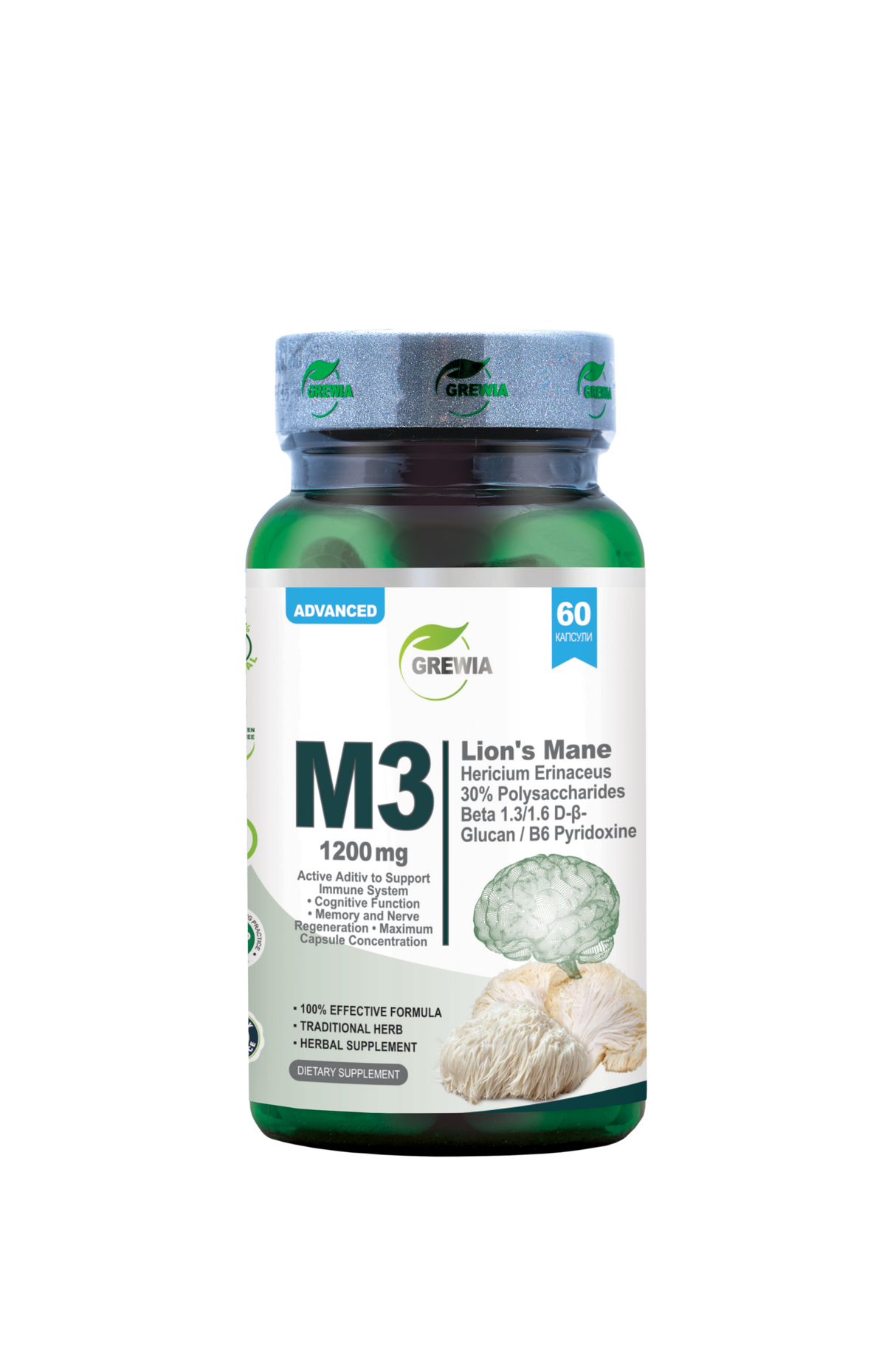 M3 Lion's Mane, Hericium Erinaceus 30% Polysaccharides, Beta 1.3/1.6 D-Glucan, B6 Pyridoxine - 1200 mg, 60 Caps. - Feel You