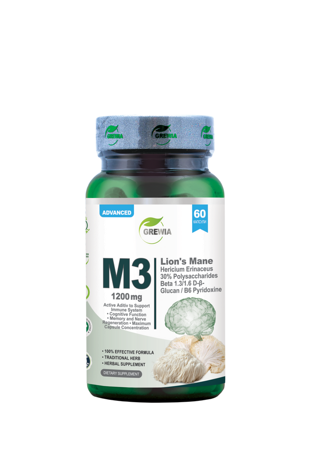 M3 Lion's Mane, Hericium Erinaceus 30% Polysaccharides, Beta 1.3/1.6 D-Glucan, B6 Pyridoxine - 1200 mg, 60 Caps. - Feel You