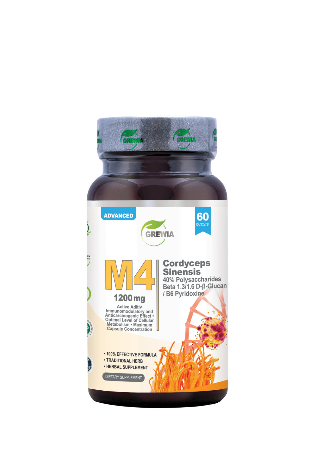 M4 Cordyceps Sinensis, Полизахариди, Beta 1.3/1.6 D-Beta-Glucan, B6 Pyridoxine – 1200 mg, 60 Caps - Feel You