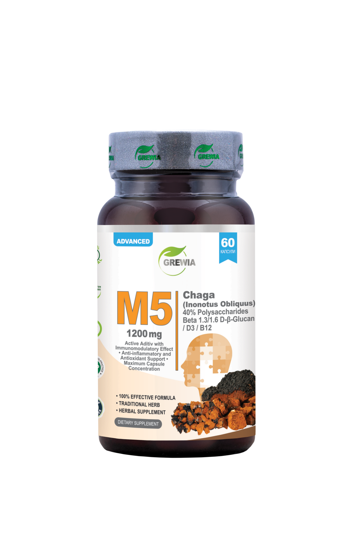 M5 Чага Inonotus Obliquus Beta Glucan D3 – 1200 mg, 60 Caps. - Feel You