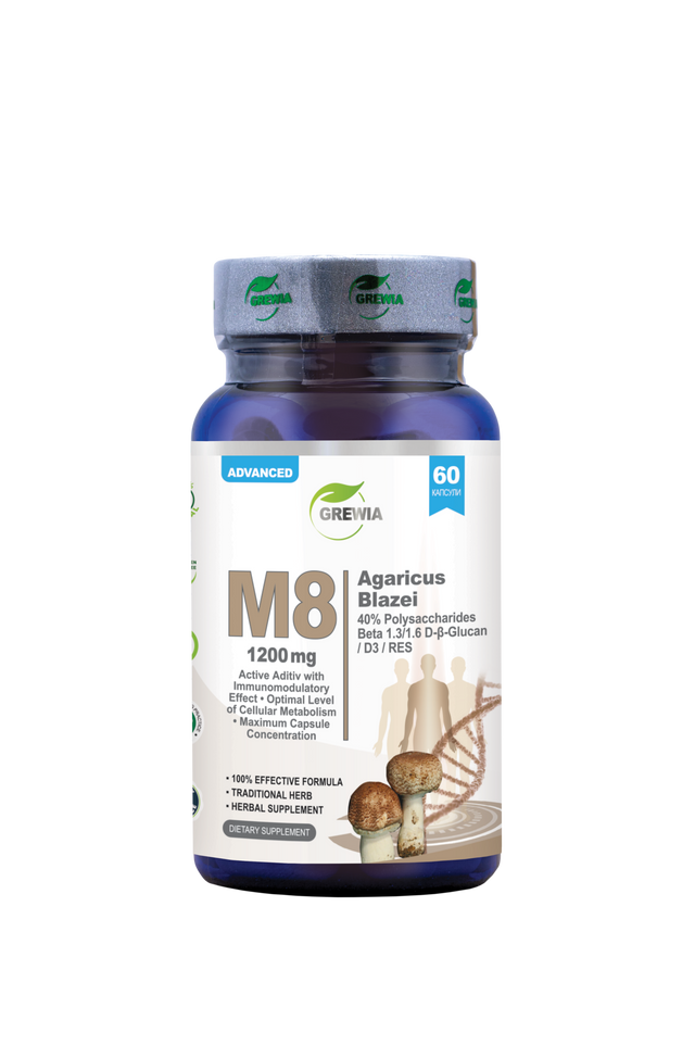 M8 Agaricus Blazei 40% Полизахариди, Бета 1.3/1.6 D Бета-Глюкан, D3, RES – 1200 mg, 60 Caps. - Feel You