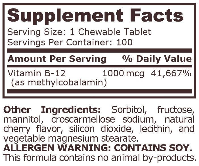 METHYL B-12 1000 mcg CHERRY FLAVOR - 100 Chewable Tablets - Feel You