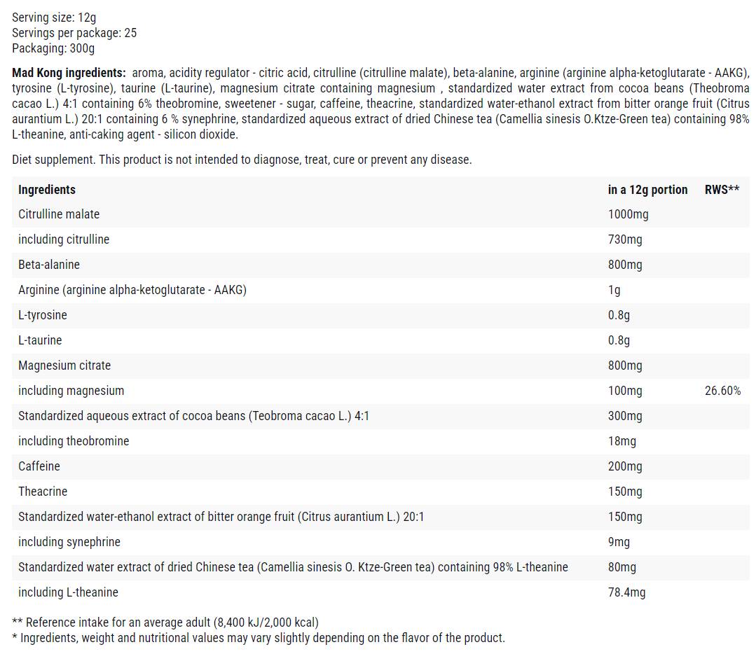 Mad Kong | Never Ending Energy Pre-Workout - 300 грама - Feel You