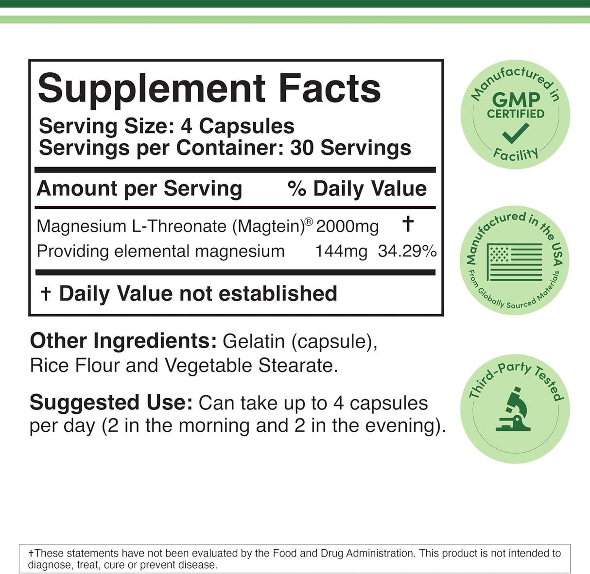 Magnesium L Threonate 2000mg (Magtein) - 120 Capsules - Feel You
