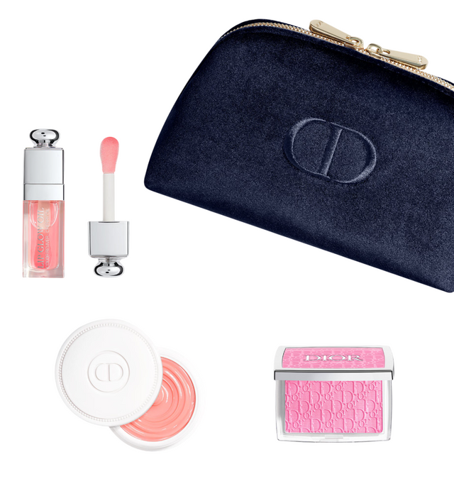 Natural Glow Ritual Set Christian Dior: Backstage Rosy Glow, Blush Compact Powder, 001, Pink, 4.6 g + Addict, Glossy, Lip Oil, 001, Pink, 6 ml + Abricot, Fortifying, Nail Cream Treatment, 8 g + Textile Makeup Bag, Blue - Feel You