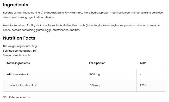 Natural Vitamin C 1000 mg | from Rose Hips - 60 капсули - Feel You