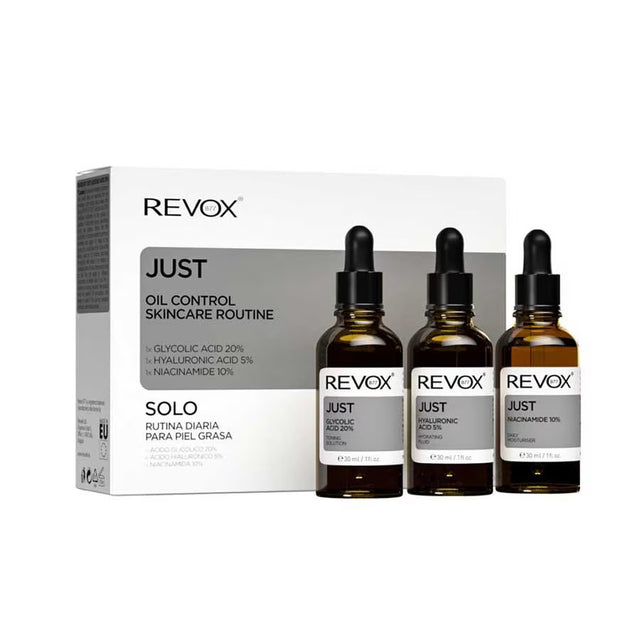 Oil Control Skincare Routine Set Revox B77: Just, Niacinamide 10 %, Moisturizing, Daily, Serum, For Face, 30 ml + Just, Hyaluronic Acid 5%, Hydrating, Fluid, For Face, 30 ml + Just, Glycolic Acid 20%, Toning, Serum, For Face, 30 ml - Feel You