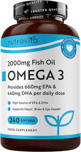 Omega 3 2000 mg /EPA 660 mg, DHA 440 mg/ Pure Fish Oil /240 капсули, 120 дози/ Nutravita - Feel You