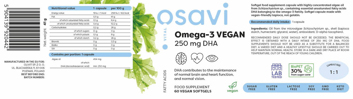 Omega-3 Vegan | 250 mg DHA - 60 Гел капсули - Feel You