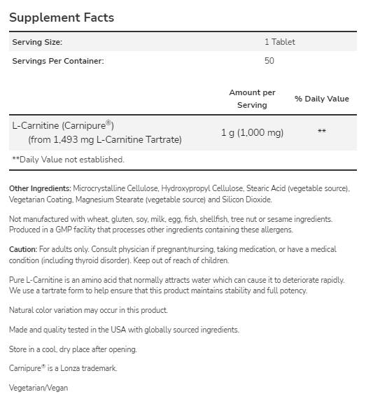 L-Carnitine 1000 mg | Carnipure® - 50 Таблетки - Feel You