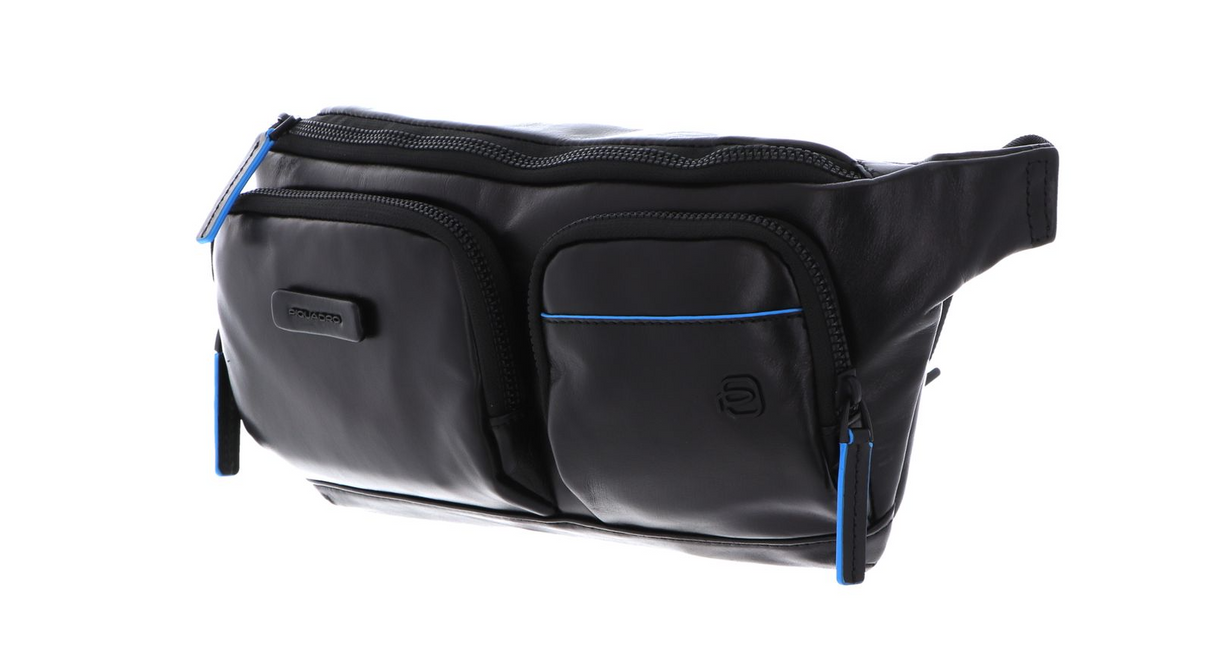 Piquadro, Blue Square, Genuine Leather, Textile Fanny Pack, Toiletry, CA5578B2V, Black, 32x14x7 cm, For Men - Feel You