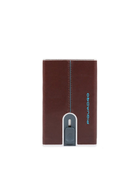Piquadro, Blue Square, Leather Card Holder, Square Sliding System with Money Clip, PP5358B2R, Mahogany, For Men - Feel You