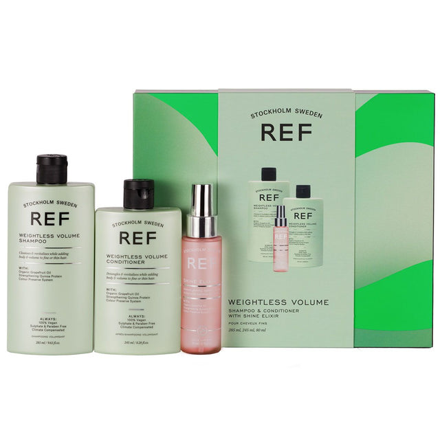 Gift Box Set Ref Stockholm: Weightless Volume, Sulfates-Free, Hair Shampoo, Texturizing & Volumizing, 285 ml + Weightless Volume, Sulfates-Free, Hair Conditioner, Smoothens & Volume, 245 ml + Shine Elixir, Hair Serum, Softening, 80 ml - Feel You
