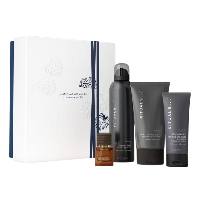 Set Rituals: L'Essentiel, Eau De Parfum, For Men, 50 ml + Homme, Caffeine, Hair Shampoo, For Strengthening, 70 ml + Homme, Charcoal, Eliminates Impurities, Cleansing Scrub, For Face, 125 g + Homme, Invigorating, Shower Mousse, 200 ml - Feel You