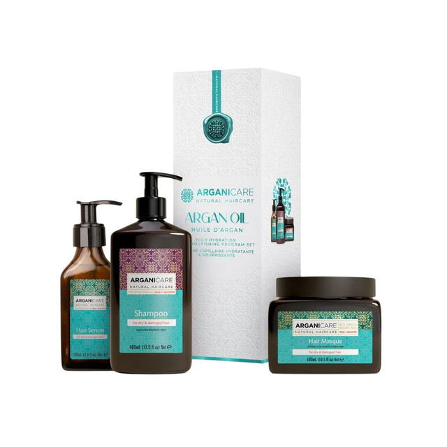 Set Arganicare: Argan Oil & Shea Butter, Hair Shampoo, Repairing & Moisturising, 400 ml + Argan Oil & Shea Butter, Hair Serum, Reparative, 100 ml + Argan Oil & Shea Butter, Hair Treatment Cream Mask, Repair, Moisturizing, 500 ml - Feel You
