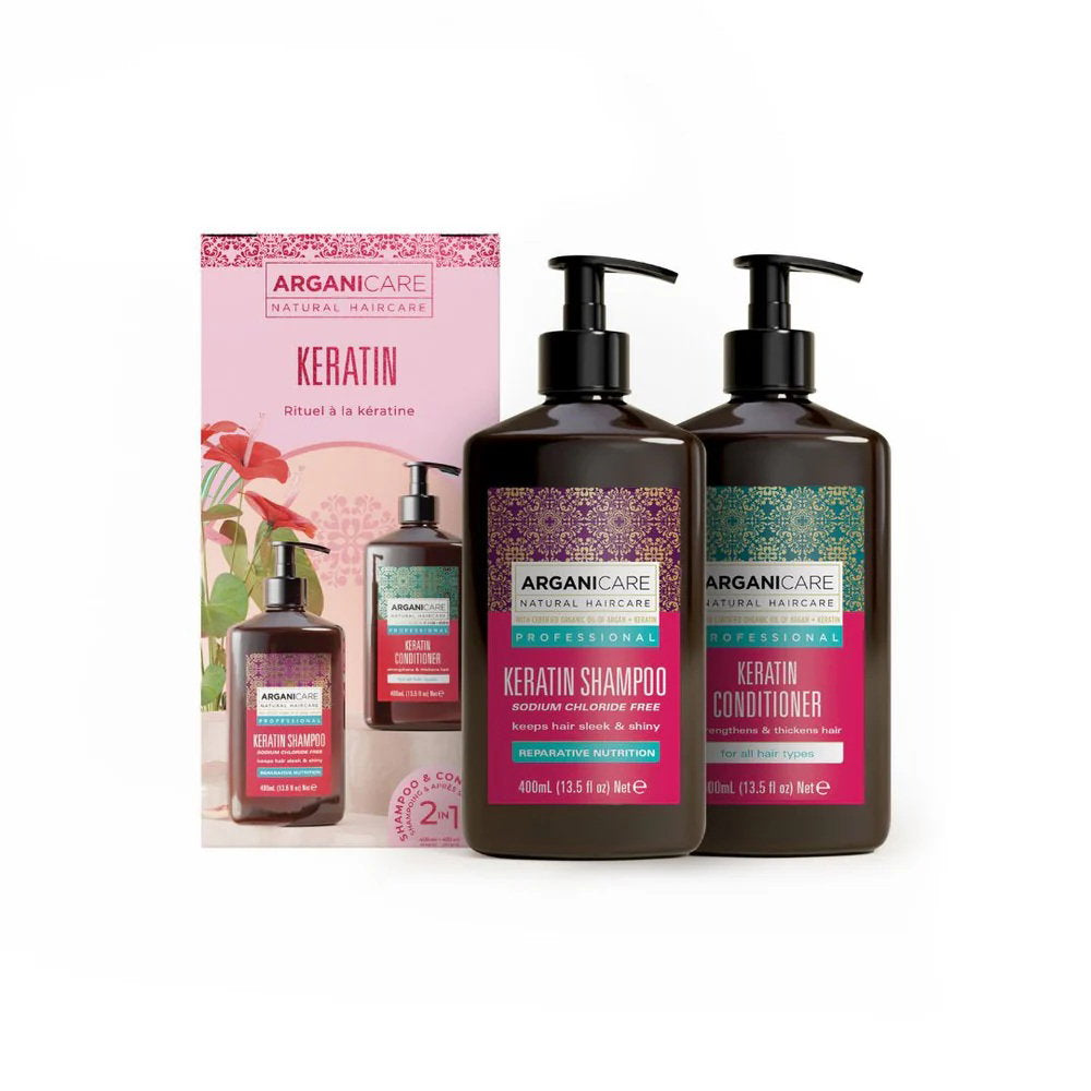 Set Arganicare: Keratin, Hair Leave-In Conditioner, Shiny, 400 ml + Keratin, Hair Shampoo, Repairing & Nourishing, 400 ml - Feel You