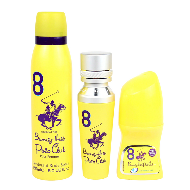 Set Beverly Hills Polo Club: 1982 - Sport 8, Eau De Parfum, For Women, 50 ml + 1982 - Sport 8, Freshness, Body Spray, 150 ml + No.8, Anti-Perspirant, Deodorant Roll-On, For Women, 50 ml - Feel You