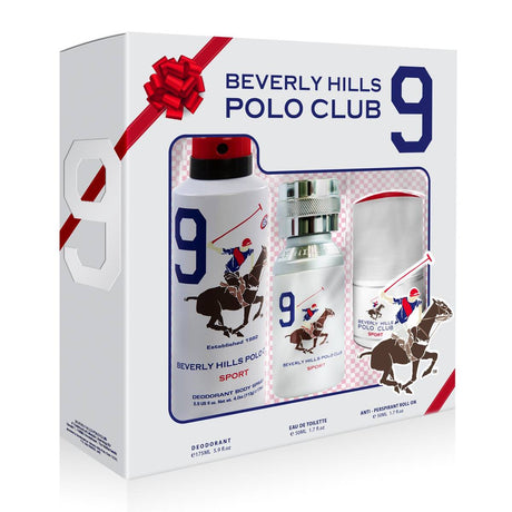 Set Beverly Hills Polo Club: 1982 - Sport 9, Eau De Toilette, For Men, 50 ml + 1982 - Sport 9, Anti-Perspirant, Deodorant Spray, For Men, 175 ml + 1982 - Sport 9, Anti-Perspirant, Deodorant Roll-On, For Men, 50 ml - Feel You