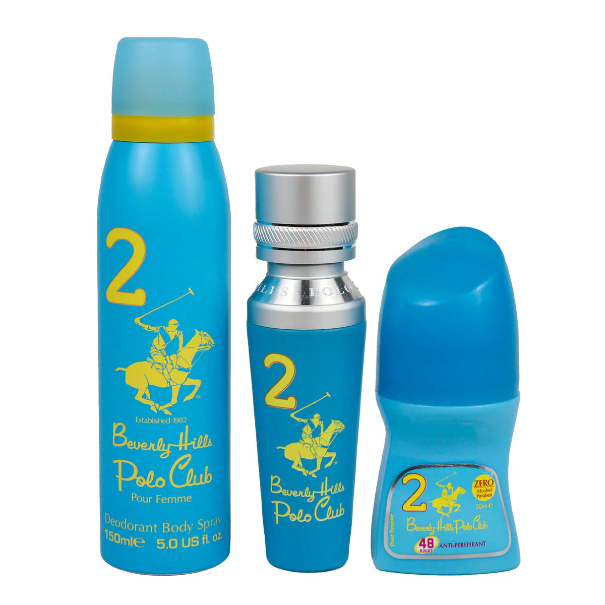 Set Beverly Hills Polo Club: No. 2, Eau De Parfum, For Women, 50 ml + No. 2, Anti-Perspirant, Deodorant Roll-On, For Women, 50 ml + 1982 - Sport 2, Freshness, Body Spray, 150 ml - Feel You