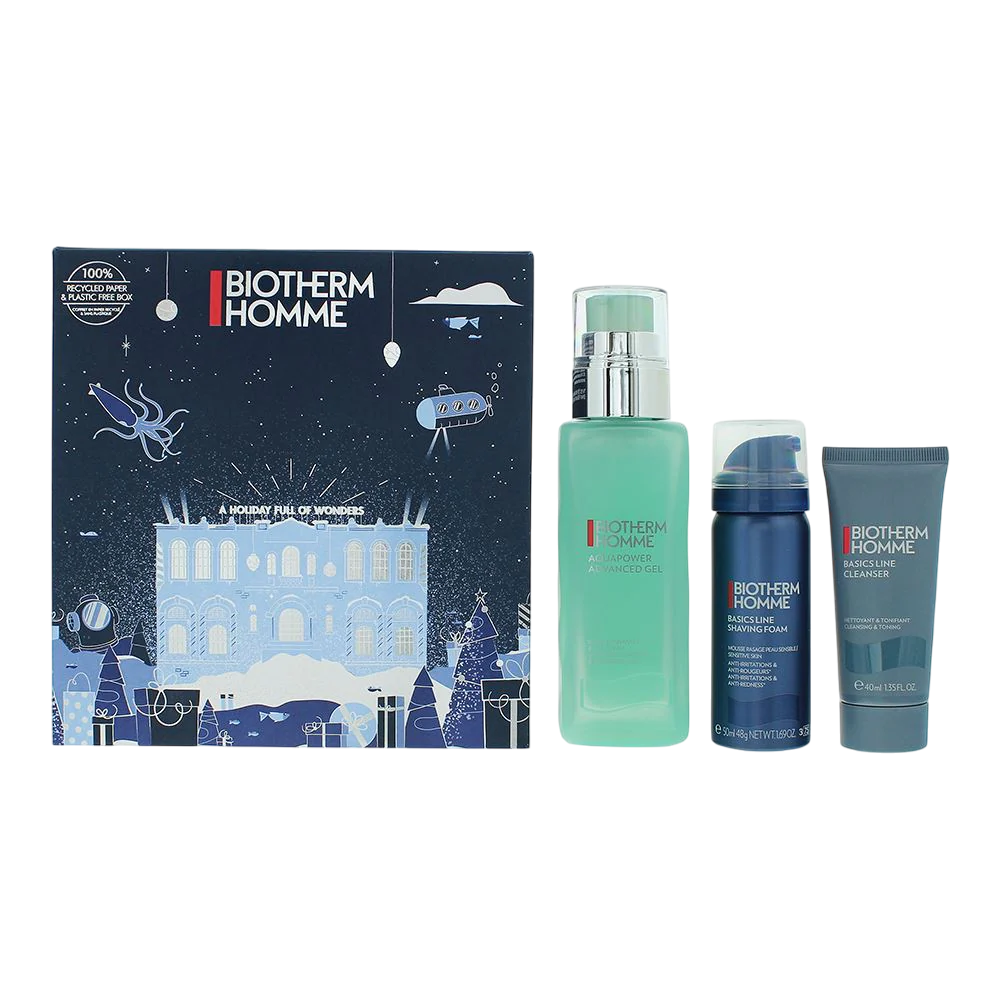 Set Biotherm: Aquapower, Hydrating, Gel, For Face, 75 ml + Homme, Eliminates Impurities, Cleansing Gel, For Face, 40 ml + Homme, Shaving Foam, 50 ml - Feel You