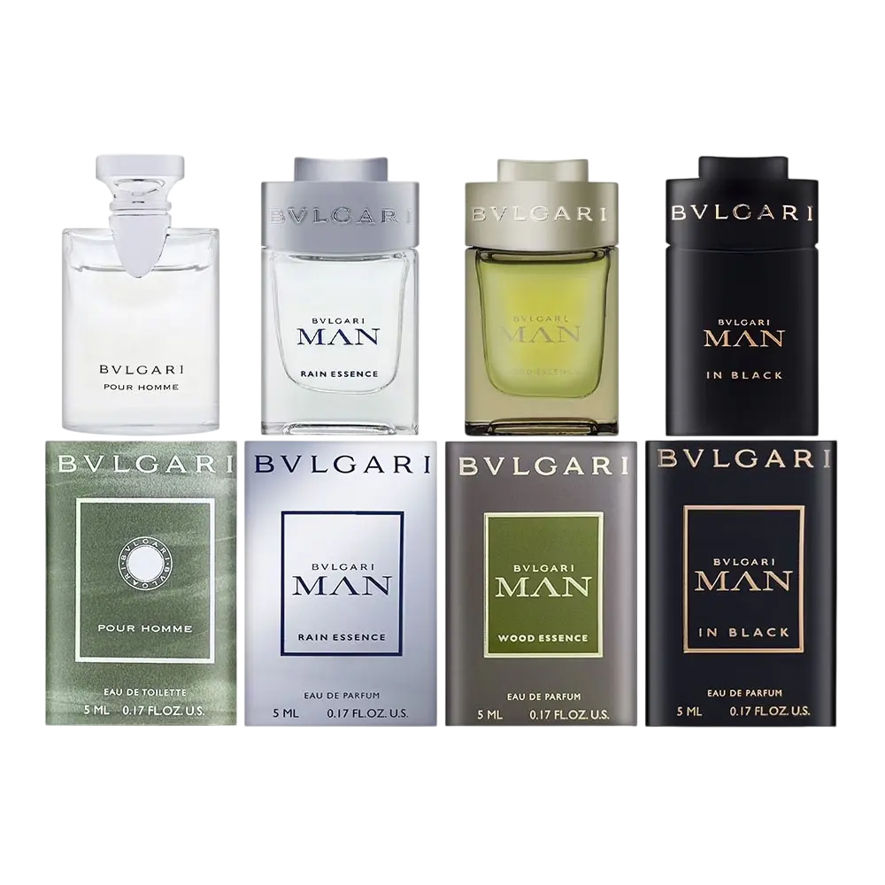 Set Bvlgari: Pour Homme, Eau De Toilette, For Men, 5 ml *Miniature + Rain Essence, Eau De Parfum, For Men, 5 ml + Man Wood Essence, Eau De Parfum, For Men, 5 ml *Miniature + Man In Black, Eau De Parfum, For Men, 5 ml *Miniature - Feel You