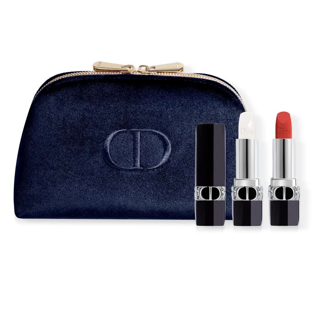 Set Christian Dior: Couture Colour, Velvet, Cream Lipstick, 720, Icone, Refillable, 3.5 ml + Couture Colour, Lip Balm, 000, Diornatural, Refill, 3.5 g + Textile Makeup Bag, Blue - Feel You