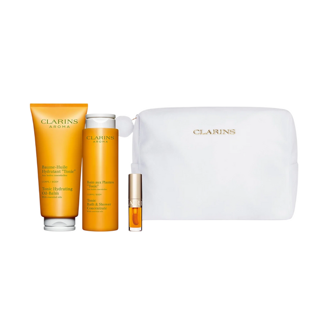 Set Clarins: Aroma, Essential Oils, Hydrating, Body Oil, 200 ml + Aroma, Essential Oils, Shower Gel, All Over The Body, 200 ml + Lip Confort, Lip Oil, 01, 1.4 ml *Miniature + Clarins, Zippered, GWP Textile Pouch, White - Feel You