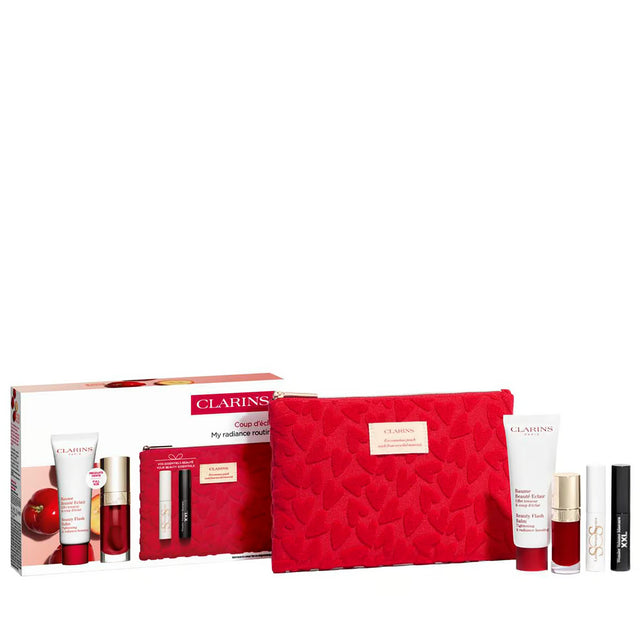 Set Clarins: Beauty Flash, Revitalising, Balm, Face, 15 ml + S.O.S., Eyelash Serum, 3 ml + Lip Comfort, Hydrating, Lip Oil, 7 ml + Wonder Volume, Volumising, Mascara, Black, 3 ml *Miniature + Clarins, GWP Textile Pouch, Red - Feel You