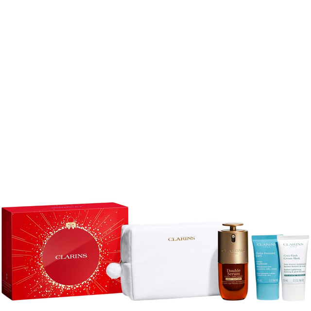 Set Clarins: Cryo-Flash, Firming & Radiance, Cream Mask, For Face, 15 ml + Double Light, Age-Defying, Serum, For Face, 30 ml + Hydra-Essentiel, Moisturising, Cream, For Face, 15 ml + Clarins, Zippered, GWP Textile Pouch, White - Feel You