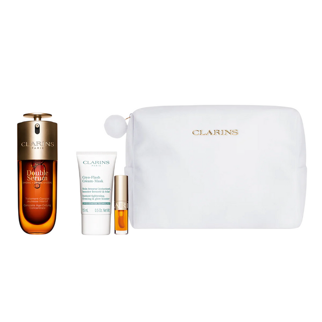 Set Clarins: Double, Anti-Ageing, Serum, For Face, 50 ml + Cryo-Flash, Firming & Radiance, Cream Mask, For Face, 15 ml + Lip Confort, Lip Oil, 01, 1.4 ml *Miniature + Clarins, Zippered, GWP Textile Pouch, White - Feel You