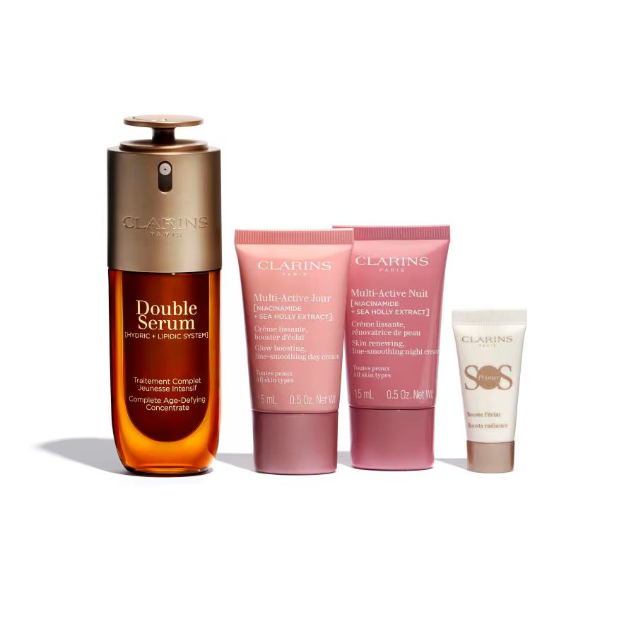 Set Clarins: Double, Anti-Ageing, Serum, For Face, 50 ml + Multi Active Jour, Age-Defying, Day, Cream, For Face, 15 ml + Multi Active, Smoothing, Night, Cream, For Face, 15 ml + S.O.S., Moisturizing, Liquid Primer, 5 ml *Miniature - Feel You