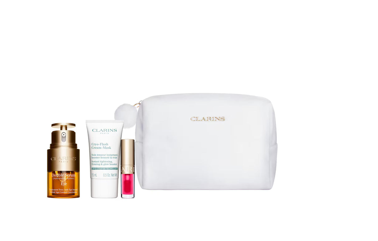 Set Clarins: Double Serum, Anti-Age, Eye Serum, 20 ml + Cryo-Flash, Firming & Radiance, Cream Mask, For Face, 15 ml + Lip Confort, Lip Oil, 04, 1.4 ml + Clarins, Zippered, GWP Textile Pouch, White - Feel You