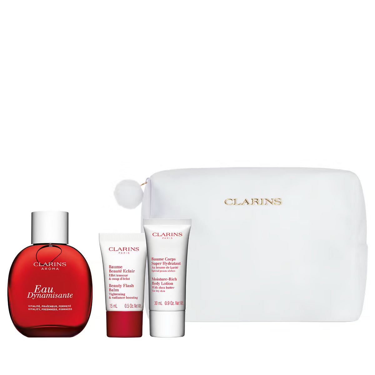 Set Clarins: Eau Dynamisante, Scented Spray, Unisex, 100 ml + Beauty Flash Balm, Brightening, Balm, For Face, 15 ml + Clarins, Zippered, GWP Textile Pouch, White + Moisture-Rich, Shea Butter, Moisturising, Body Lotion, Body, 30 ml - Feel You