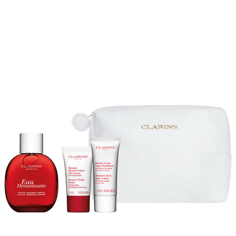 Set Clarins: Eau Dynamisante, Scented Spray, Unisex, 100 ml + Beauty Flash Balm, Brightening, Balm, For Face, 15 ml + Clarins, Zippered, GWP Textile Pouch, White + Moisture-Rich, Shea Butter, Moisturising, Body Lotion, Body, 30 ml - Feel You