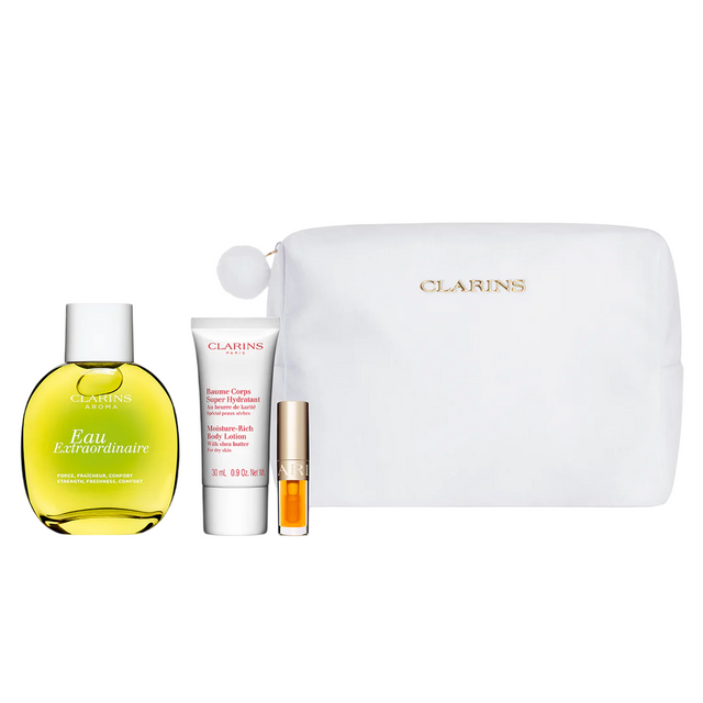 Set Clarins: Eau Extraordinaire, Eau De Toilette, For Women, 100 ml + Moisture-Rich, Shea Butter, Moisturising, Body Lotion, Body, 30 ml + Lip Confort, Lip Oil, 01, 1.4 ml *Miniature + Clarins, Zippered, GWP Textile Pouch, White - Feel You
