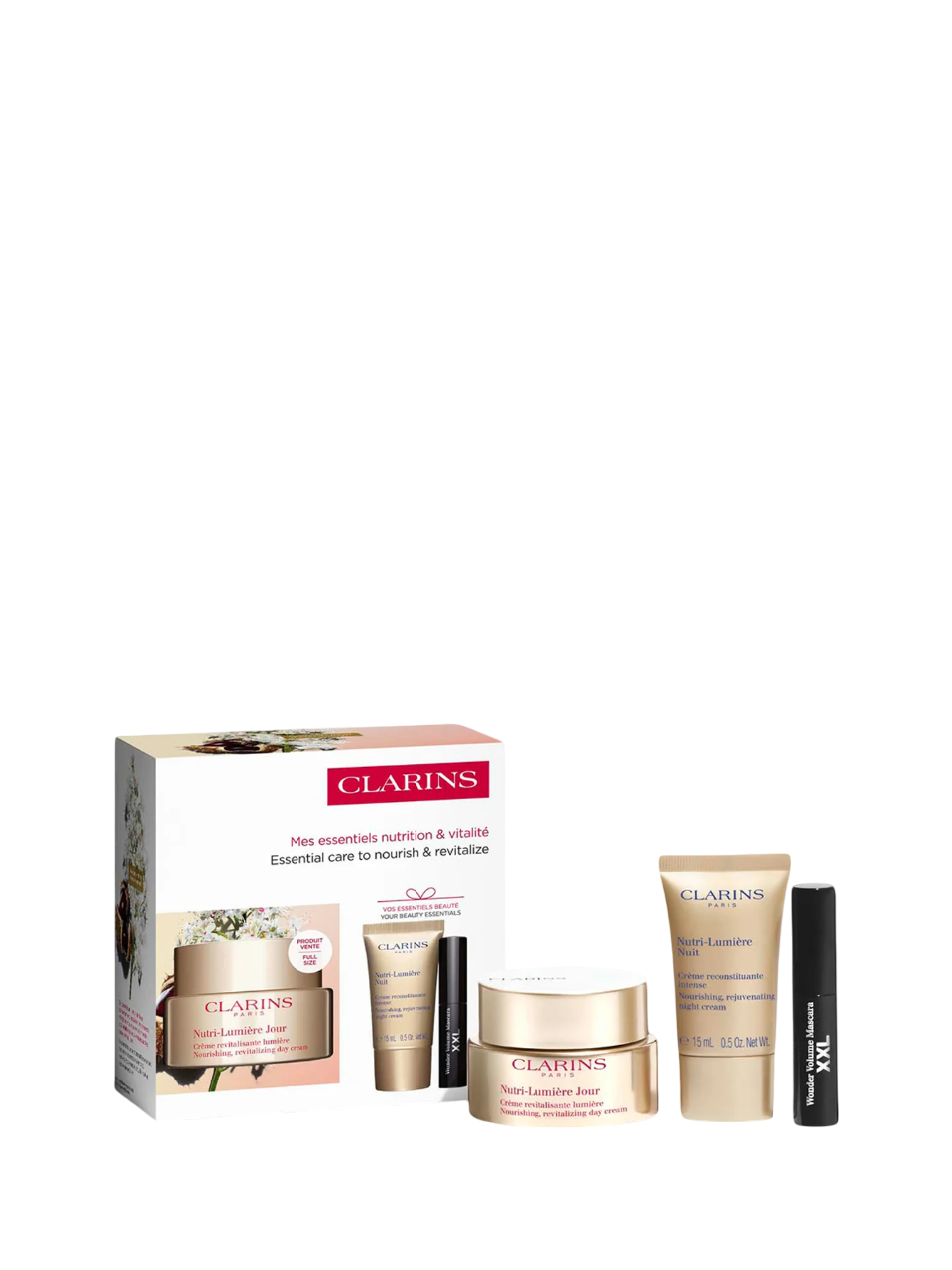 Set Clarins: Extra-Firming, Anti-Ageing, Day, Cream, For Face, 50 ml + Extra-Firming, Hydrating, Cream, For Neck & Decollete, 15 ml + Wonder Volume, Volumising, Mascara, Black, 3 ml *Miniature - Feel You