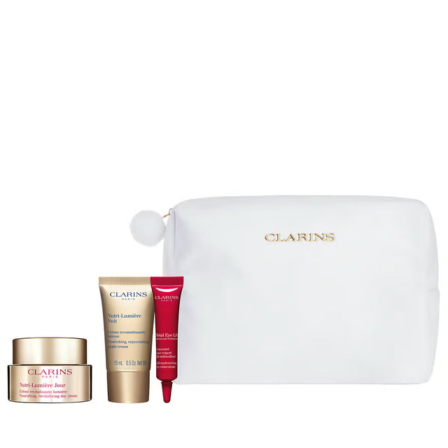 Set Clarins: Nutri-Lumiere, Anti-Ageing, Day, Cream, For Face, 50 ml + Nutri-Lumiere, Anti-Ageing, Night, Cream, For Face, 15 ml + Total Eye, Lift, Eye Serum, 7 ml + Clarins, Zippered, GWP Textile Pouch, White - Feel You
