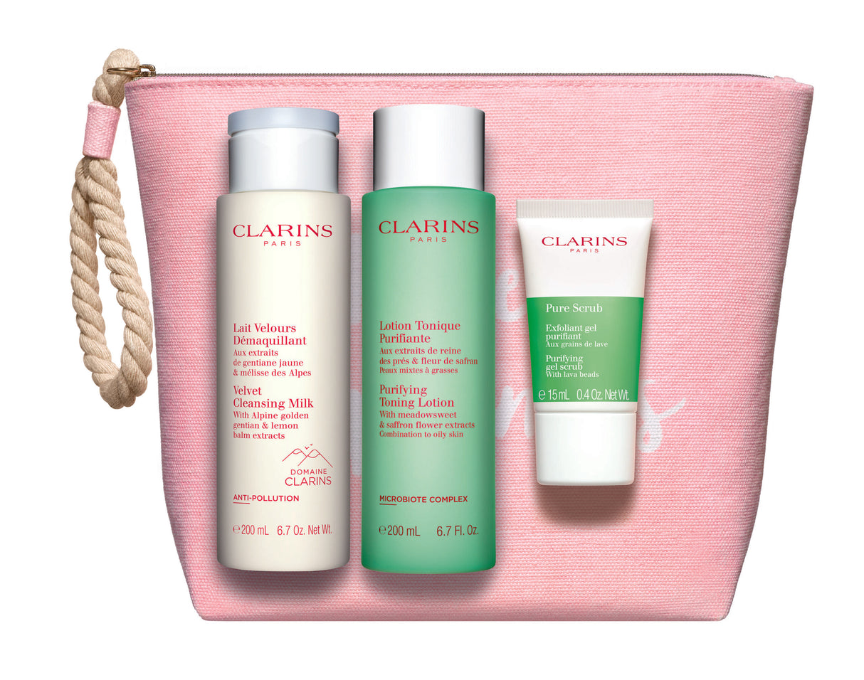 Set Clarins: Pure, Exfoliating Scrub, 15 ml + Velourse, Anti-Pollution, Cleansing Milk, For Face, 200 ml + Purifying, Alcohol-Free, Purifying, Tonic Lotion, For Face, 200 ml - Feel You