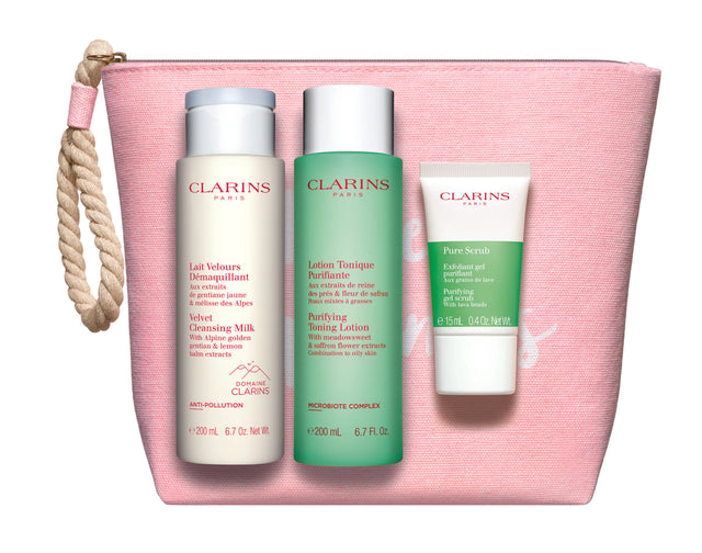 Set Clarins: Pure, Exfoliating Scrub, 15 ml + Velourse, Anti-Pollution, Cleansing Milk, For Face, 200 ml + Purifying, Alcohol-Free, Purifying, Tonic Lotion, For Face, 200 ml - Feel You