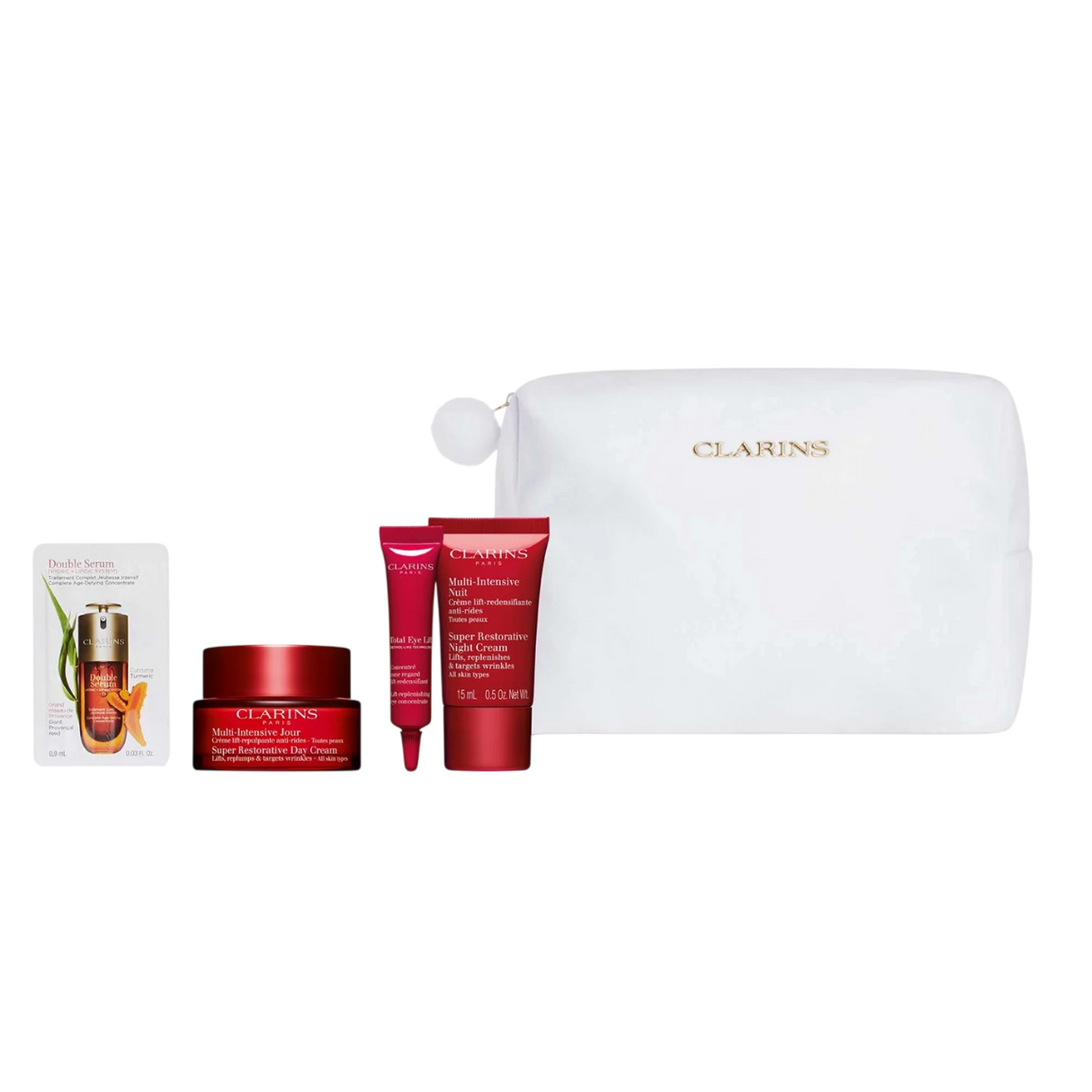Multi-Intensive Set Clarins: Super Restorative, Reparative, Day, Cream, For Face, 50 ml + Super Restorative, Reparative, Night, Cream, For Face, 15 ml + Total Eye, Lift, Eye Serum, 7 ml + Double Serum, Bi-Phase, Daily, Serum, For Face, 0.9 ml *Sample +... - Feel You
