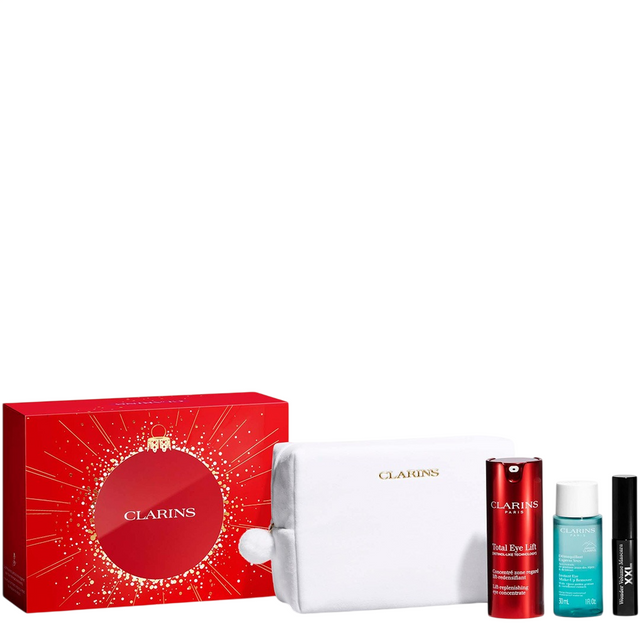 Set Clarins: Total Eye, Lift, Day, Eye Serum, 15 ml + Instant Eye, Makeup Remover Lotion, 30 ml + Wonder Volume, Volumising, Mascara, Black, 3 ml *Miniature + Clarins, Zippered, GWP Textile Pouch, White - Feel You