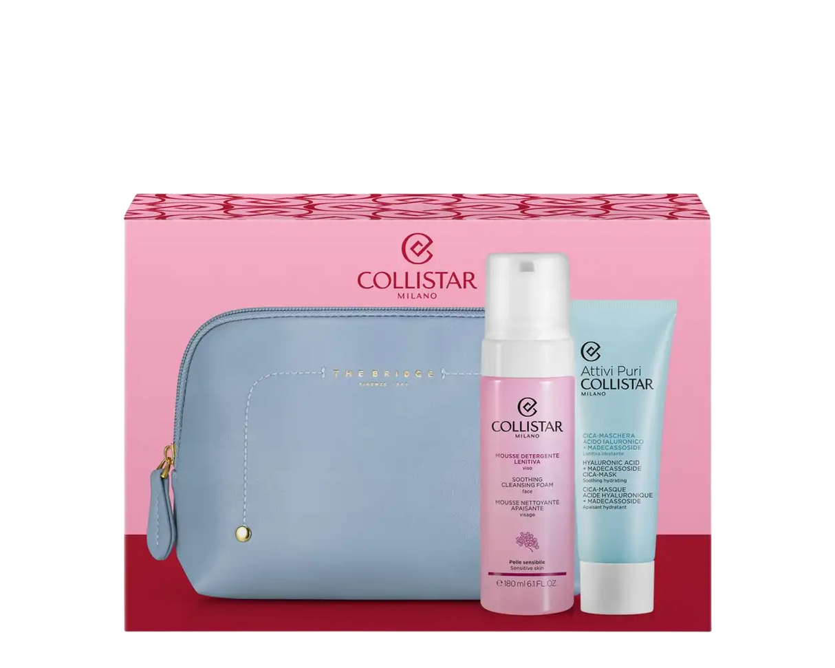 Set Collistar: Detergente Lenitiva, Vegan, Soothing, Cleansing Foam, 180 ml + Pure Actives, Hyaluronic Acid, Hydrating, Soothing, Cream Mask, For Face, 75 ml + The Bridge, GWP Textile Pouch, Blue - Feel You
