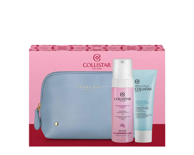 Set Collistar: Detergente Lenitiva, Vegan, Soothing, Cleansing Foam, 180 ml + Pure Actives, Hyaluronic Acid, Hydrating, Soothing, Cream Mask, For Face, 75 ml + The Bridge, GWP Textile Pouch, Blue - Feel You