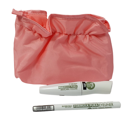 Set Deborah: Formula Pura, Volumizing, Mascara, Black, 12 ml + Formula Pura, Gel Pencil Eyeliner, Black, 1.5 g + Textile Makeup Bag, Pink - Feel You