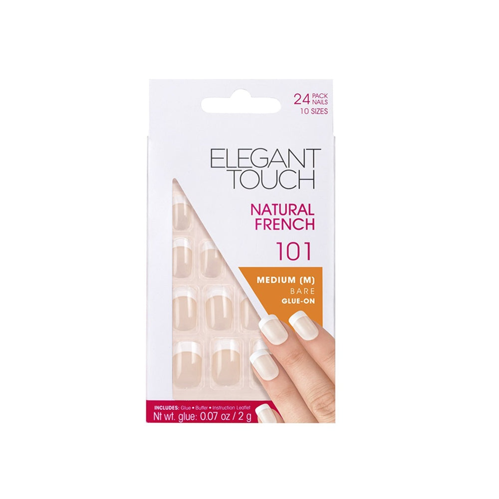 Set, Elegant Touch, Natural French, Square, Artificial Nails, Bare, 101, Size Medium, 24 pcs - Feel You