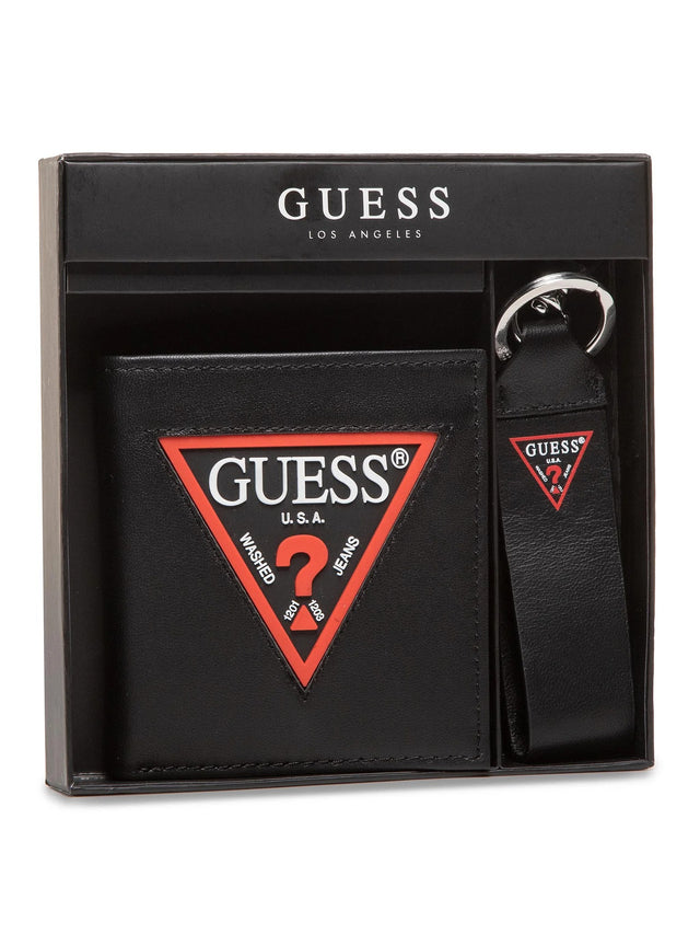 Set Guess: Guess, Leather Keyring, Black + Daelon, Leather Wallet, Small Billfold, Red/Black, For Men - Feel You
