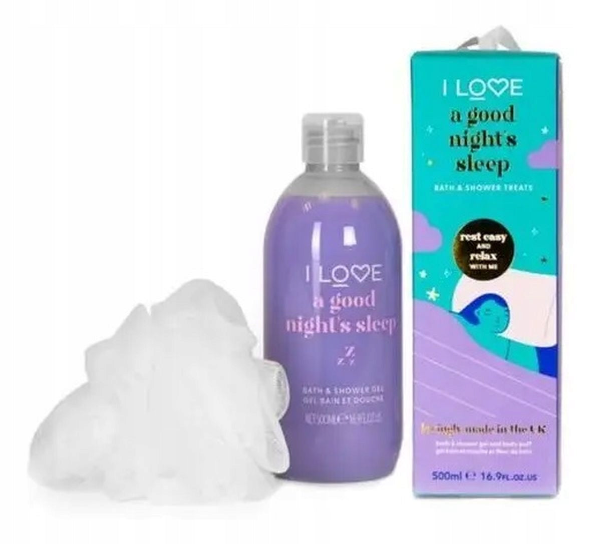 Set I Love: A Good Night's Sleep, Hydrating, Shower Gel, For All Skin Types, 500 ml + I Love, Body Sponge - Feel You
