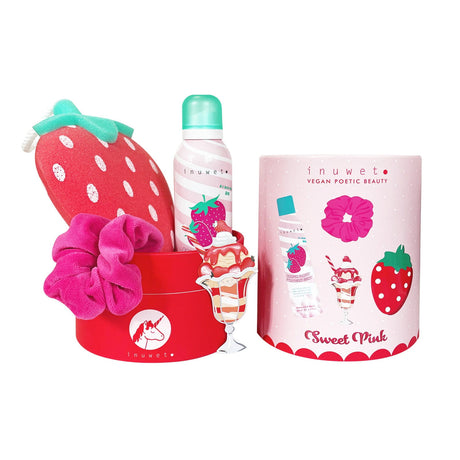 Set Inuwet: Strawberry, Cleansing & Moisturising, Shower Mousse, 200 ml + Scrunchy, Hair Elastic + Strawberry, Body Sponge + Strawberry, Gift Sticker - Feel You